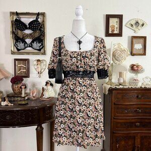 girly grunge whimsical floral milkmaid babydoll dress w puff sleeves and sheer